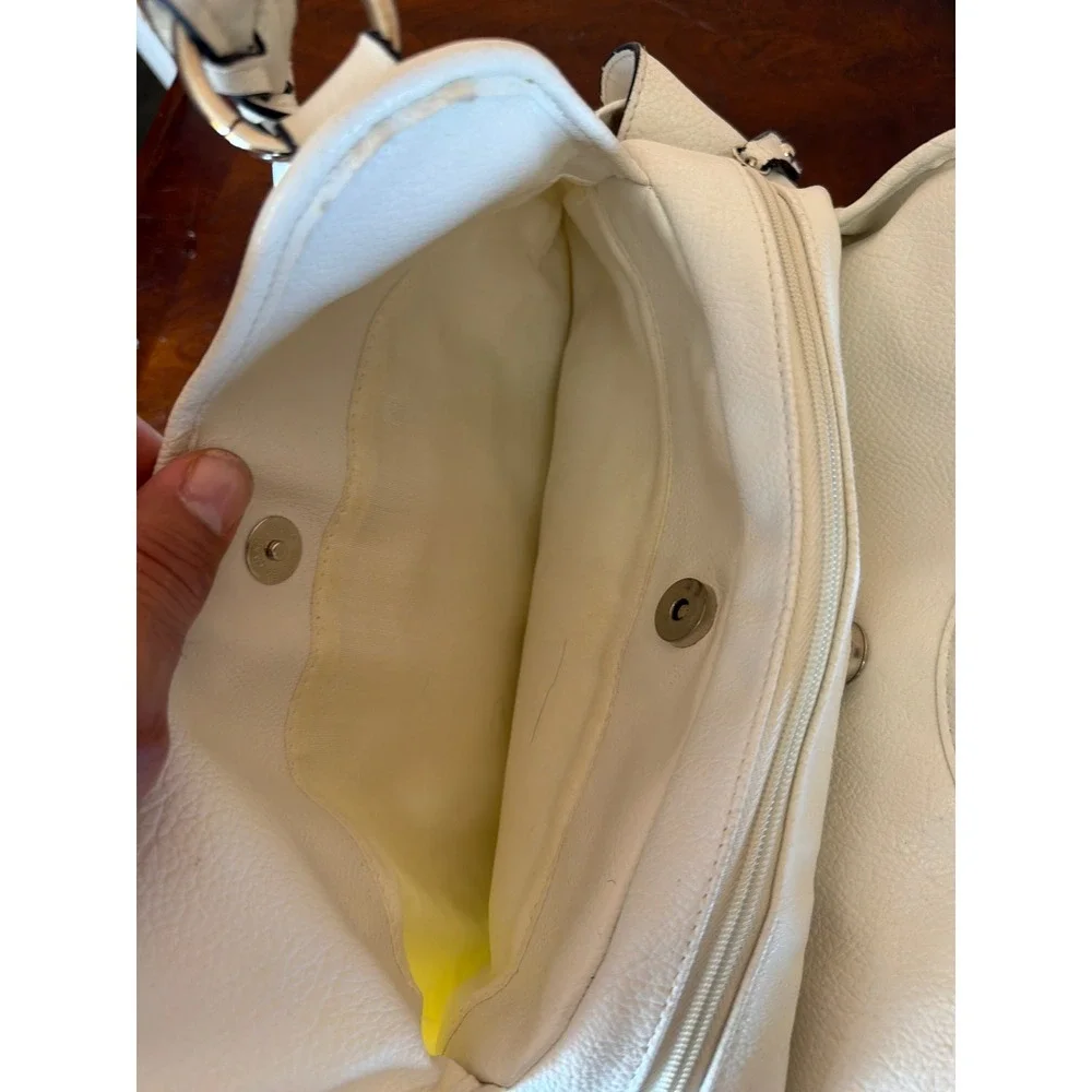 Rosetti Ivory Faux Leather Shoulder Bag Braided Strap Multi Pocket Hobo Purse